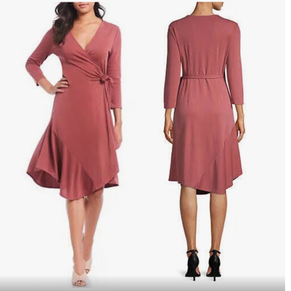 H by Halston | V-Neck Wrap Dress Stretch 3/4 Long Sleeve Dress